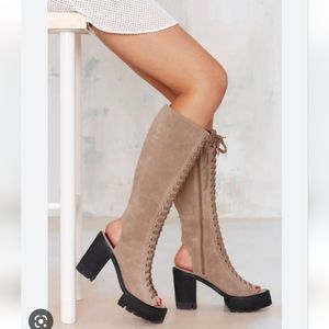 YES Dashawn Tan Lace Up platform Knee High Boots